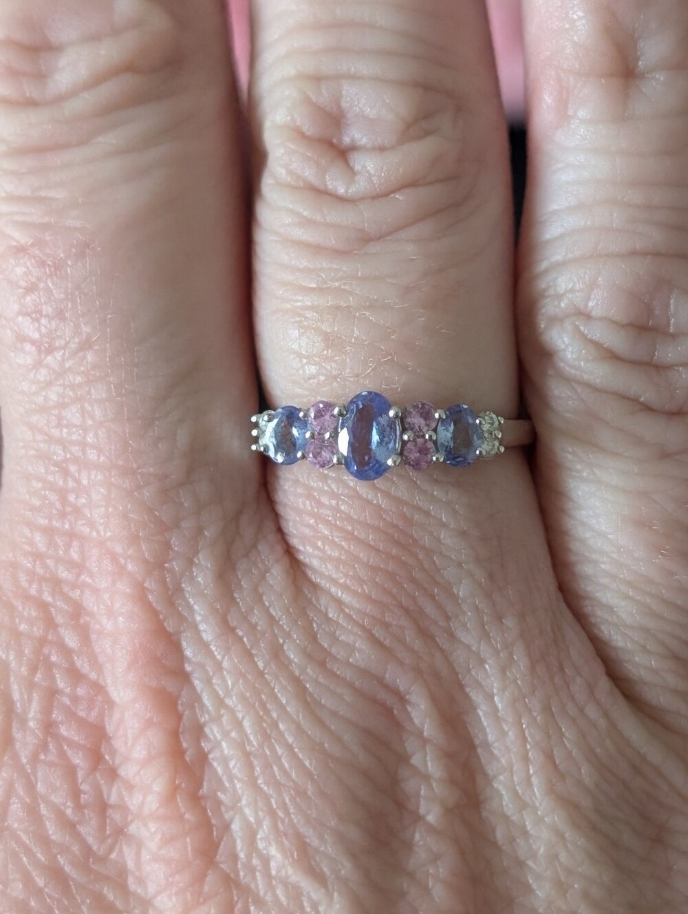 10K Gold Tanzanite & Pink Tourmaline Ring – White Topaz Accents – Size 6.75